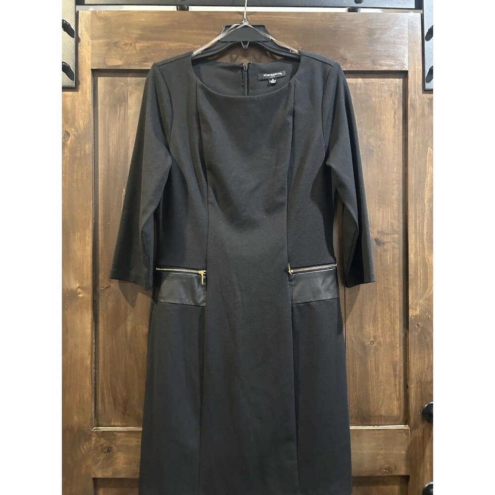 E703 Sharagano Black 3/4 Sleeve MIDI Dress Zip Pockets Size 10